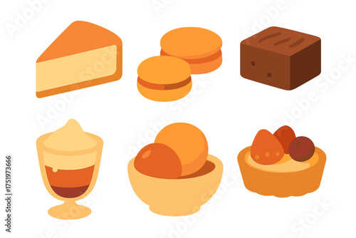 Assortment of delicious sweet desserts and baked goods including cheesecake macarons and tart