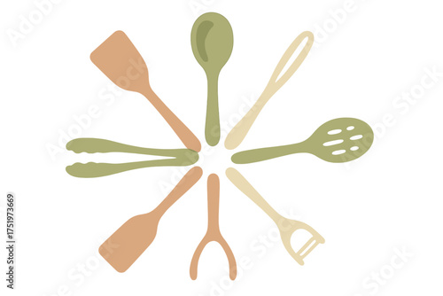 Essential kitchen cooking tools arranged radially in a star shape using muted pastel colors
