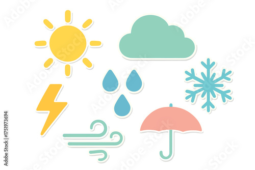 Modern flat design set of colorful weather icons including sun, cloud, rain, snow, and lightning