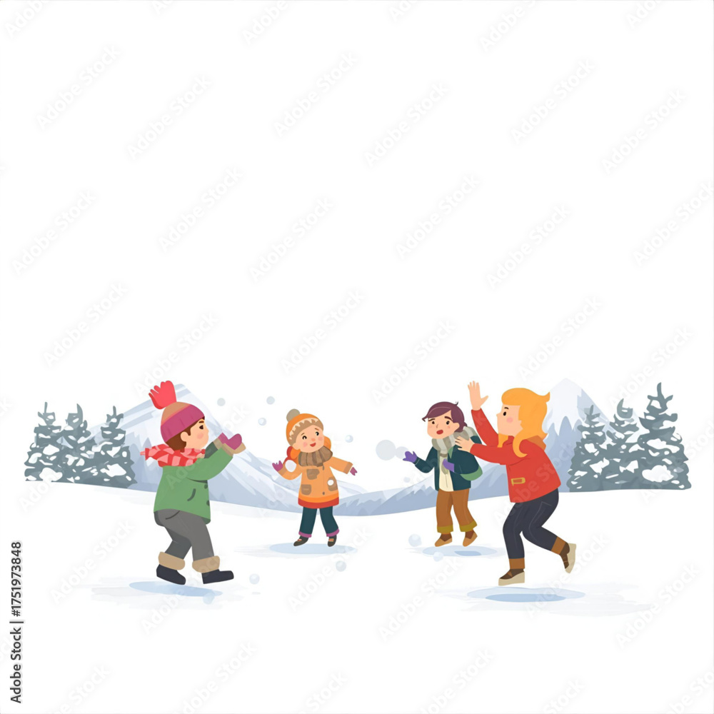 Fototapeta premium Children gleefully throwing snowballs in a winter wonderland surrounded by snow-covered trees and majestic mountains under a clear sky, capturing the joy of outdoor winter activities