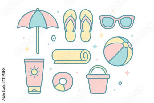Pastel colored summer beach vacation accessories set with umbrella, flip flops, and sunscreen