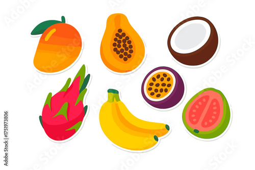 Vibrant exotic tropical fruits set featuring mango, papaya, banana, coconut, and passion fruit