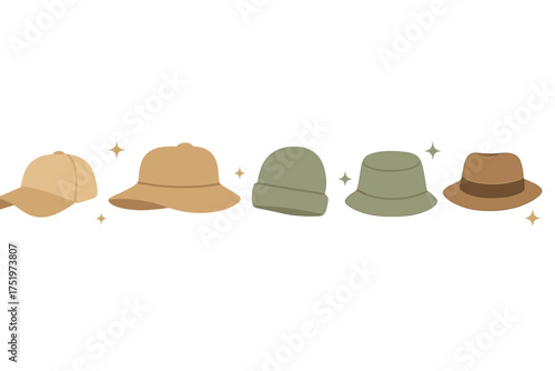 Collection of fashionable headwear including baseball cap, sun hat, beanie, bucket hat, and fedora in neutral colors