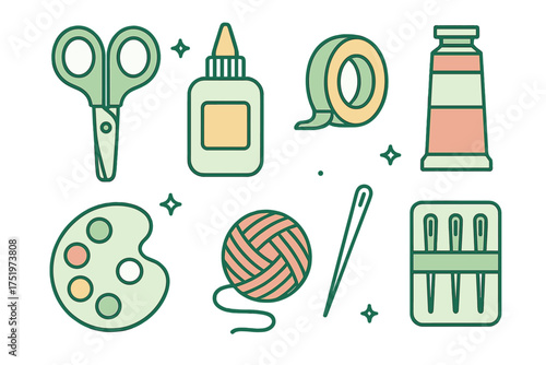 Collection of essential art and craft supplies including scissors glue paint tube yarn and sewing needles