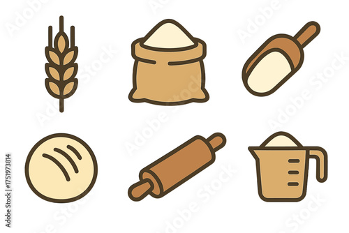 Set of essential baking ingredients and kitchen tools icons including flour, wheat, dough, and rolling pin