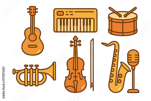 Set of popular musical instruments icons: guitar, keyboard, drum, trumpet, violin, and saxophone