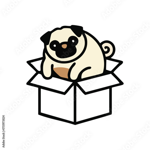 (Charming Pug Puppy in a Box. A delightful fawn canine sits cozy inside a parcel. This engaging artwork evokes feelings of unexpected happiness, playful discovery, and ultimate comfort.)