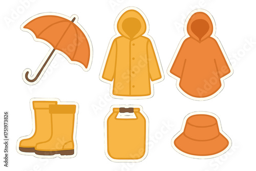 Set of essential waterproof gear including raincoat, umbrella, and rubber boots