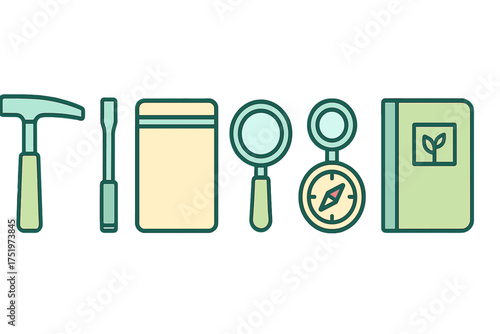 Essential tools for scientific fieldwork including rock hammer, compass, and field journal