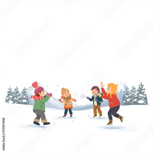 Children gleefully throwing snowballs in a winter wonderland surrounded by snow-covered trees and majestic mountains under a clear sky, capturing the joy of outdoor winter activities