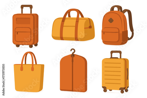 Collection of travel luggage items including rolling suitcases, duffel bag, backpack, and garment cover