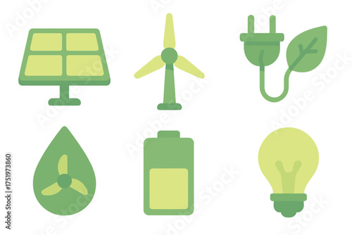 Set of green energy symbols: solar panel, wind turbine, battery, and lightbulb