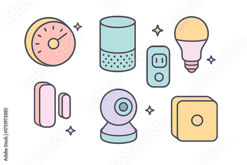Modern smart home technology gadgets and Internet of Things devices set including sensors and cameras