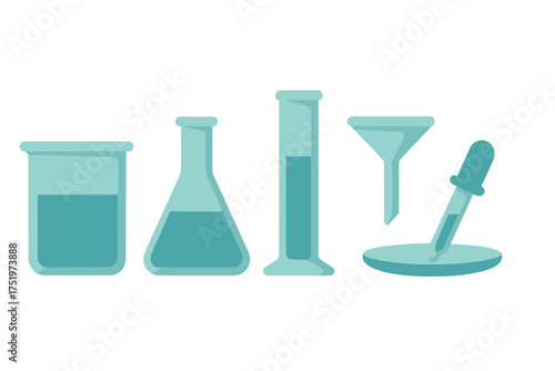Set of essential chemistry laboratory equipment including beaker flask cylinder and pipette