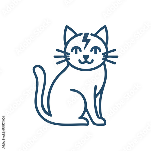 (Energetic Cat Lightning Bolt Logo. A cute feline illustration featuring a prominent thunder symbol. This simple outline drawing conveys a feeling of speed, power, and spirited playfulness.)