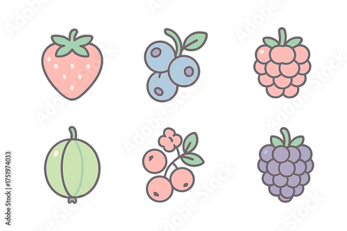 Set of fresh summer berries icons including strawberry blueberry raspberry and gooseberry