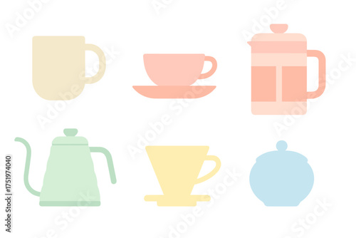 Pastel colored collection of coffee and tea brewing equipment and serving accessories