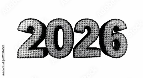 The image features the number 2026 depicted in a stylized threedimensional form with a dotted texture