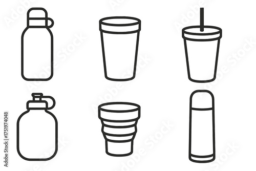 Outline icons set featuring reusable drink containers like water bottles, travel mugs, tumblers, and thermoses