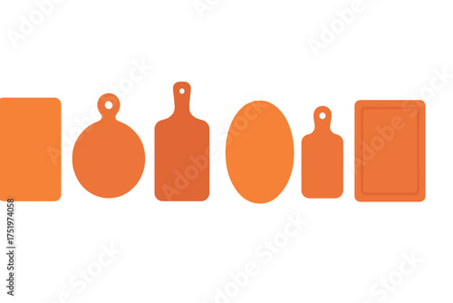 Set of six orange kitchen cutting boards and serving platters in various shapes