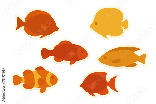 Set of six colorful tropical reef fish stickers in various shapes and warm colors