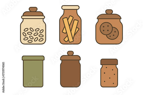 Stylized collection of six kitchen storage jars filled with various food items and snacks