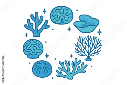 Stylized collection of diverse blue coral reef organisms and sea plants in a decorative circle