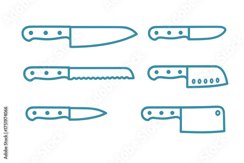 Collection of six kitchen knives for food preparation and cooking, featuring chef's knife and meat cleaver