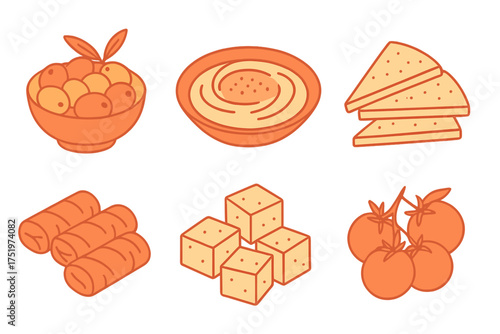 Isometric set of various appetizers and fresh ingredients like fruit, dip, flatbread, and vegetables