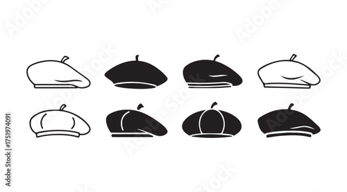 Set of eight hand drawn beret hats in outline and silhouette styles french fashion accessory vector