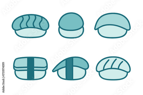 Minimalist nigiri sushi icons set in blue and teal colors on a white background
