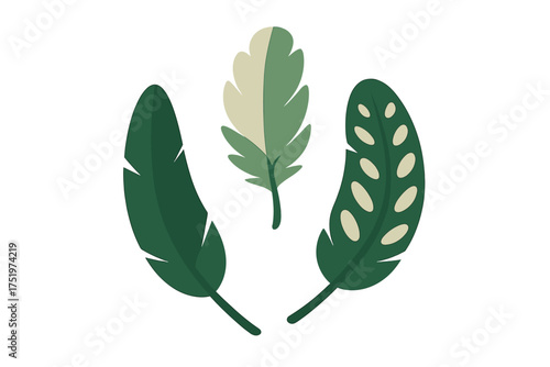 Stylized set of three exotic tropical leaves in deep green and light beige