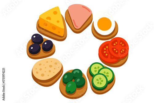 Assortment of open sandwiches arranged in a circle with various toppings cheese ham egg vegetables