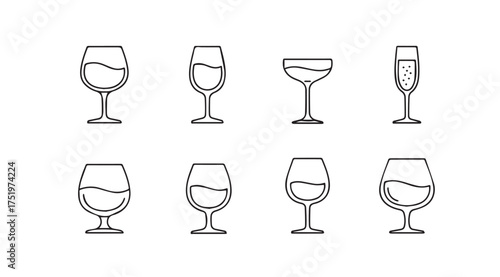 Collection of eight hand drawn wine and cocktail glass outlines with liquid contents vector