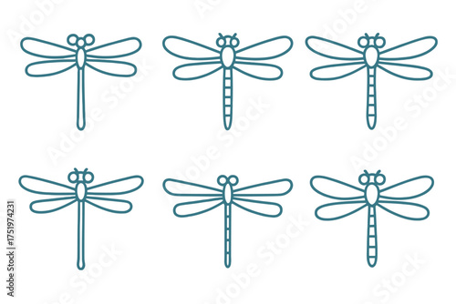 Seamless repeating pattern featuring six minimalist teal line art insects resembling dragonflies