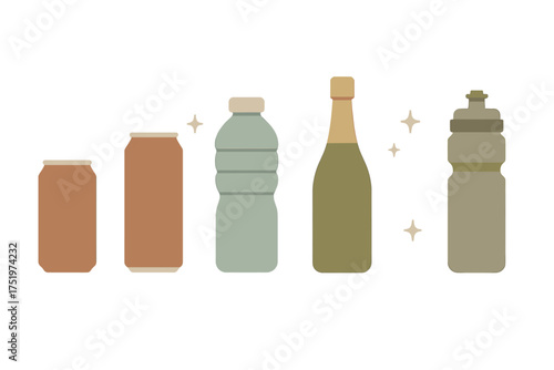 Minimalist row of diverse beverage containers in muted earthy tones on a white background