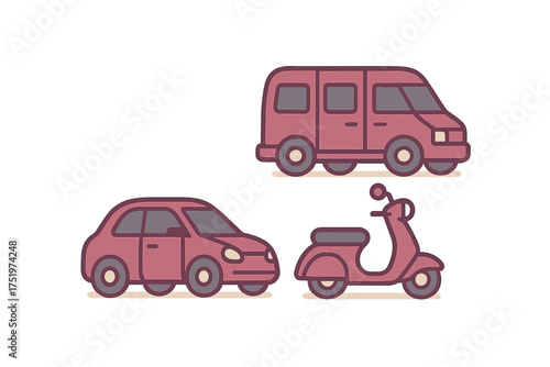 Set of urban transportation vehicles including a small car, passenger van, and motor scooter