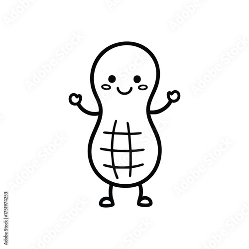 (Cute Smiling Peanut Illustration. Delightful outline art of an upbeat groundnut, exuding cheerfulness. This endearing legume character symbolizes happiness and wholesome treats in a fun way.)
