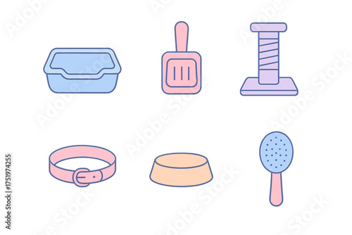 Essential accessories for domestic cat care: litter box, scratching post, collar, and grooming brush