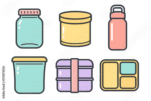 Reusable food storage containers and drinkware icons in a pastel color palette