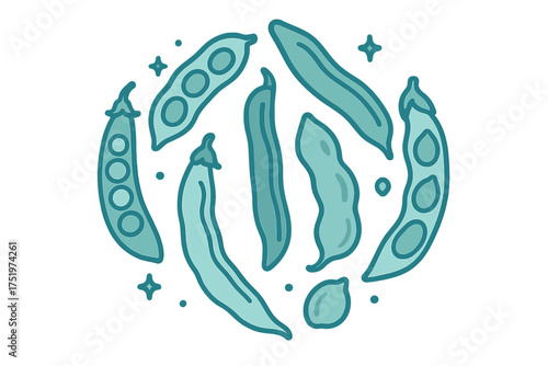 Fresh green pea pods and bean legumes arranged in a circular pattern on white background