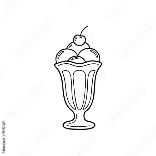 (Ice Cream Sundae Dessert Icon. A delightful outline illustration of a creamy confection in a tall glass, crowned with a ripe fruit. Represents sweet indulgence and simple pleasures.)