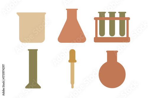 Minimalist collection of chemistry laboratory apparatus including flasks beakers and test tubes