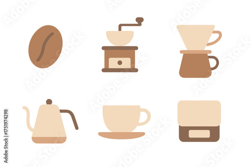 Collection of minimalist icons representing coffee bean, manual grinder, pour over dripper, kettle, cup, and digital scale