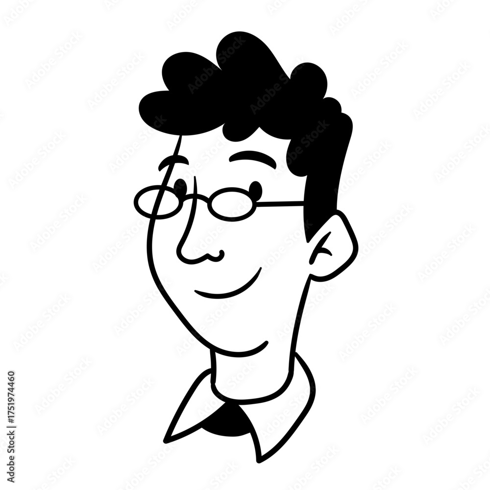 Fototapeta premium Black and White Cartoon Nerd or Student Avatar with Glasses