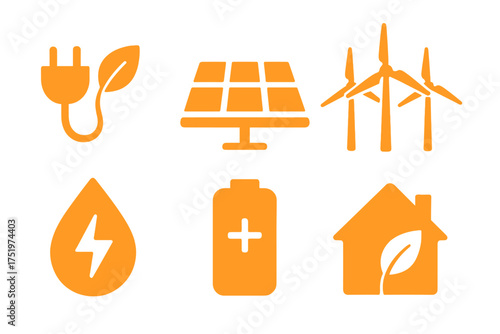 Orange icons set for renewable energy, solar power, wind energy, and sustainability technology