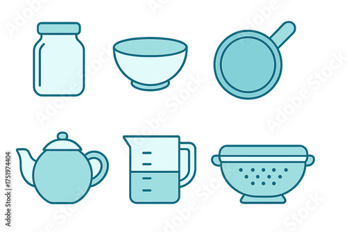 Essential kitchen utensils and cooking equipment set in a modern flat line design