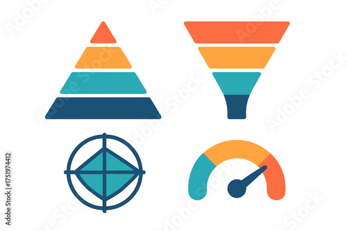 Business data visualization icons set with pyramid chart sales funnel target and speed gauge