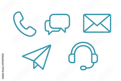 Essential contact and communication line icons set including phone, chat, email, send, and support headset