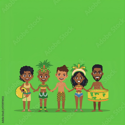 Diverse group of people in colorful carnival costumes holding hands celebrating
